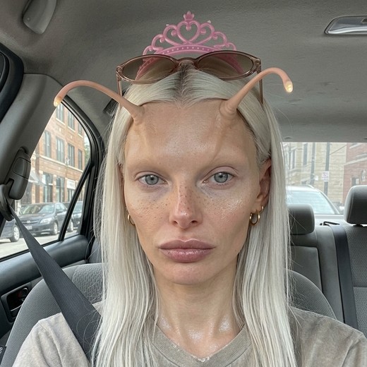 Tori, wearing alien antennae and a pink tiara
